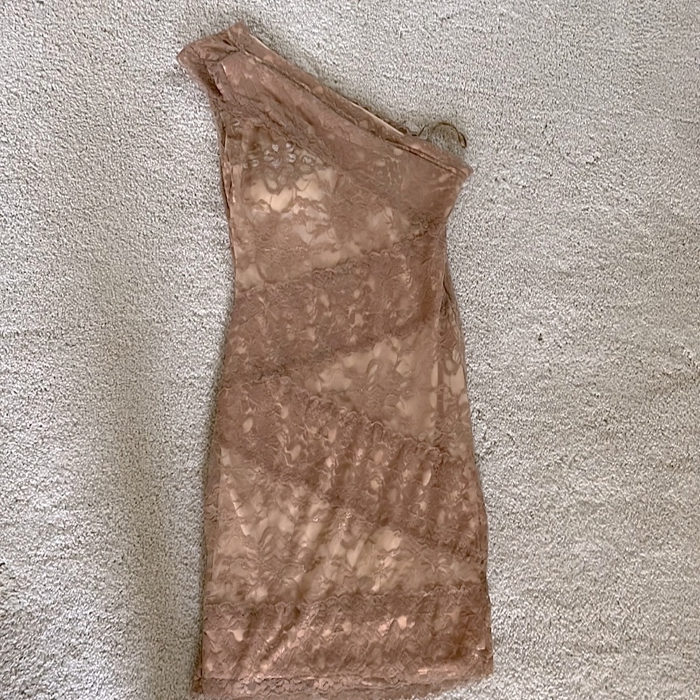 Ark & Co one shoulder tan, lace cocktail dress.